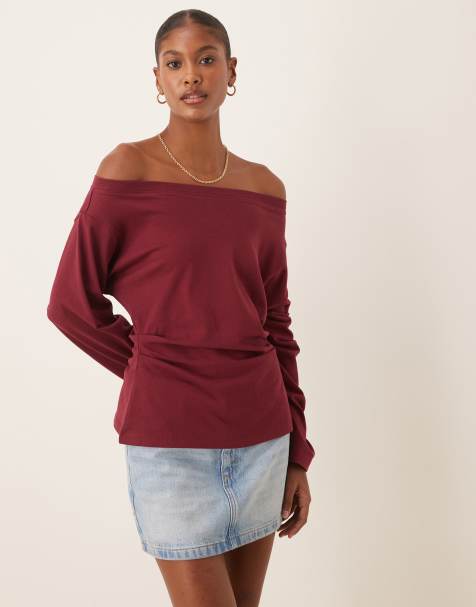 ASOS DESIGN - Mørkerød offshoulder-T-shirt med lange ærmer og korset-talje - view 1