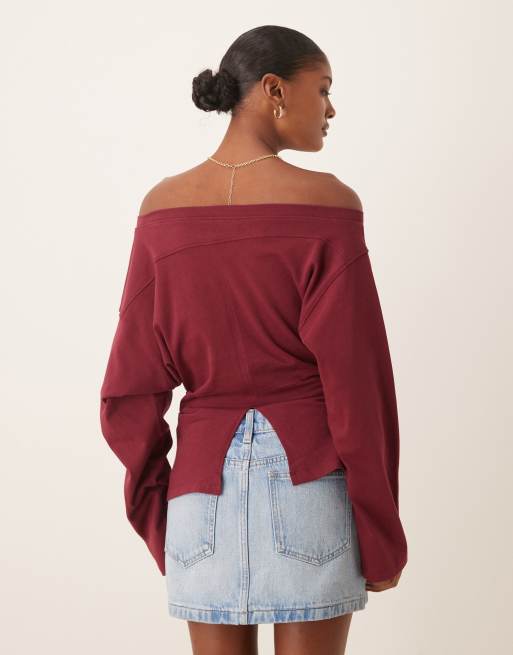 ASOS DESIGN - Mørkerød offshoulder-T-shirt med lange ærmer og korset-talje, 3 af 4