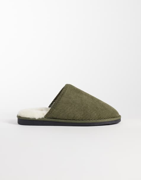 ASOS DESIGN muiltjes in donkergroene corduroy met ton-sur-ton voering van imitatie-schapenvacht - view 1