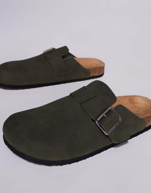 ASOS DESIGN mule clog sandals in olive with cork soles