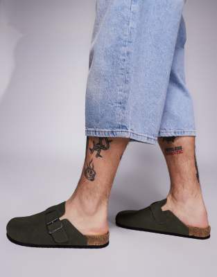 ASOS DESIGN mule clog sandals in olive with cork soles