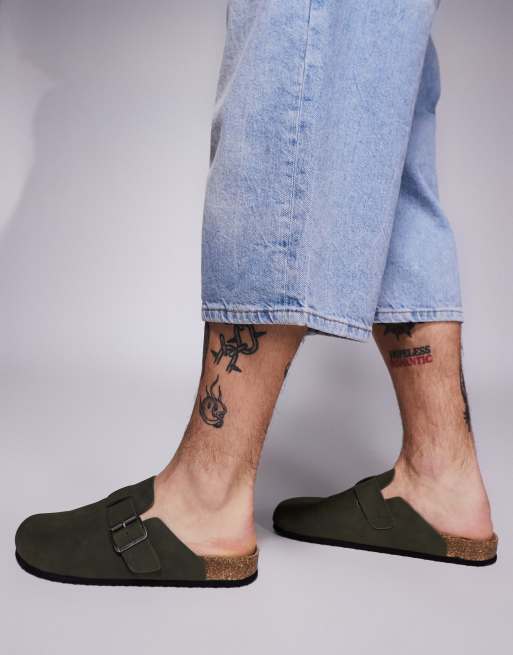 ASOS DESIGN mule clog sandals in olive with cork soles
