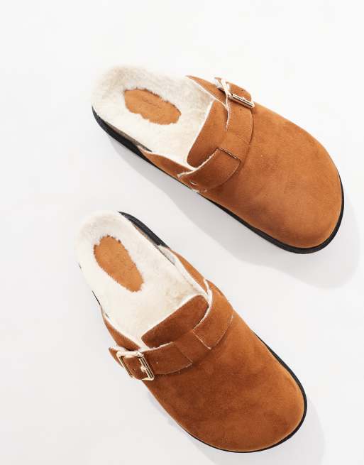 ASOS DESIGN mule clogs in tan with faux fur lining ASOS
