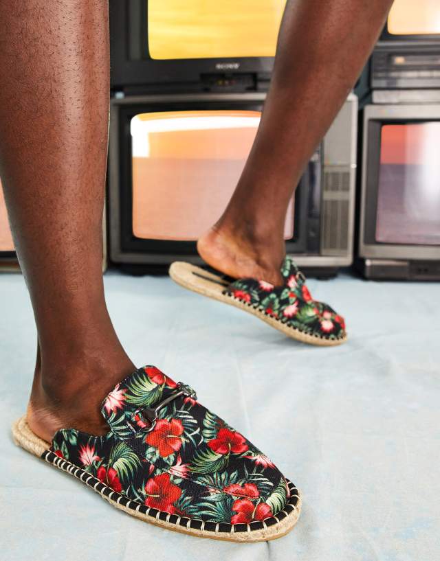 ASOS DESIGN mule espadrilles in floral print with snaffle