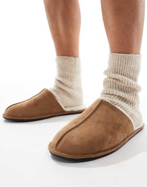 ASOS DESIGN - Mule-hjemmesko i lysebrun og imiteret ruskind med for i imiteret rulam - view 1