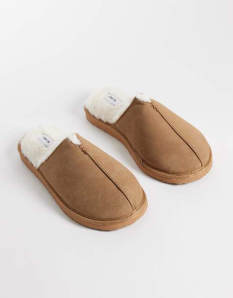 ASOS DESIGN mule kapcie w kolorze stone z kremową podszewką z imitacji kożucha - view 1