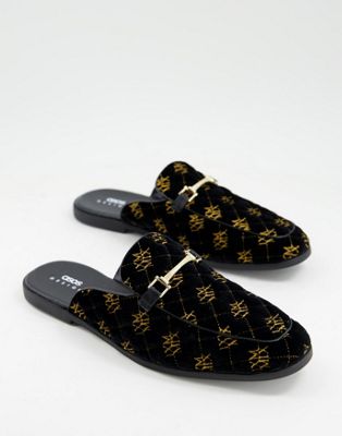 ASOS DESIGN mule loafer in black velvet with gold monogram design