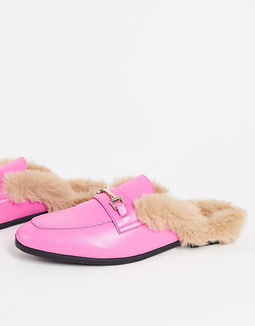 ASOS DESIGN mule loafers in bright pink faux leather with natural faux fur