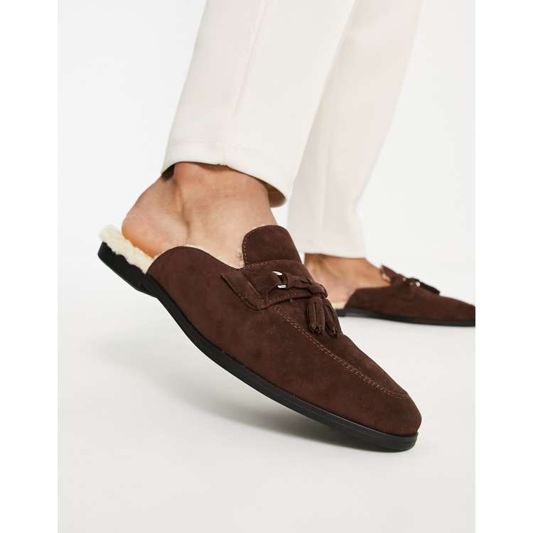 ASOS DESIGN mule loafers in brown faux suede with tassel detail and borg  lining