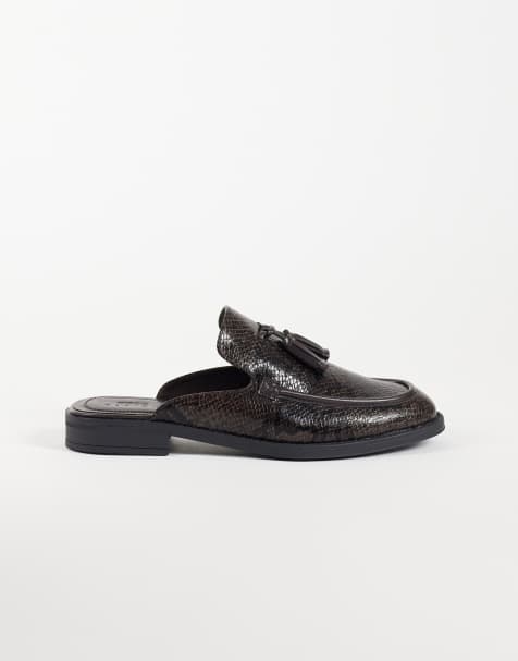 ASOS DESIGN mule-loafers med tofs i brun ormmönstrad look - view 1