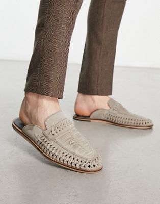 ASOS DESIGN mule loafers with weave detail in stone suede