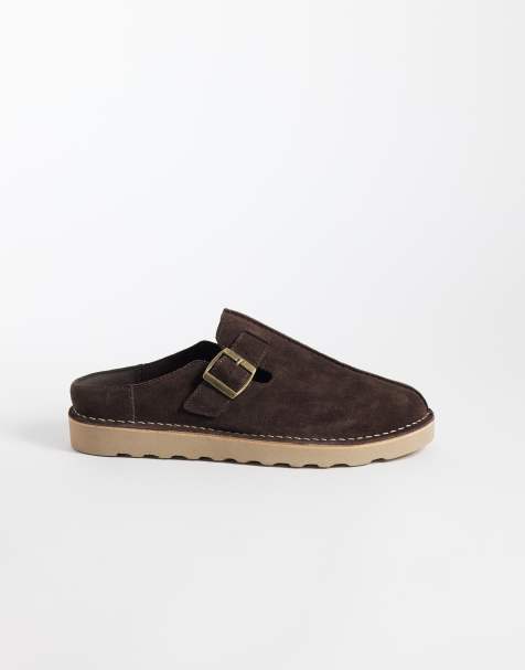ASOS DESIGN mule sandals with buckle and seam detail in brown suede - view 1