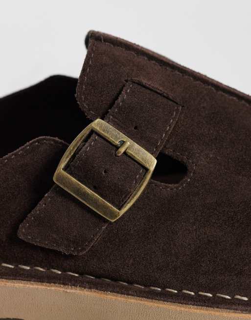 ASOS DESIGN mule sandals with buckle and seam detail in brown suede, 3 of 4