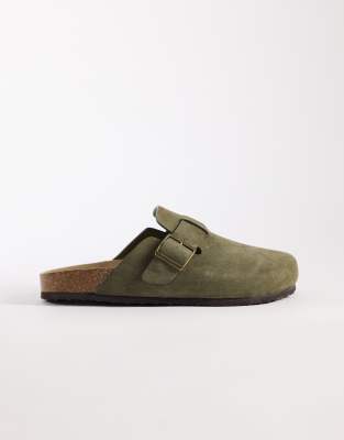  mule sandals with cork sole sage bonded suede