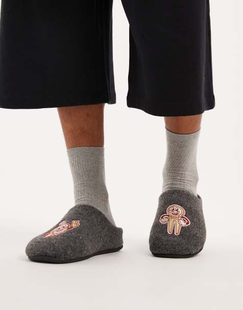 ASOS DESIGN mule slipper in gray felt with golf graphic - view 1