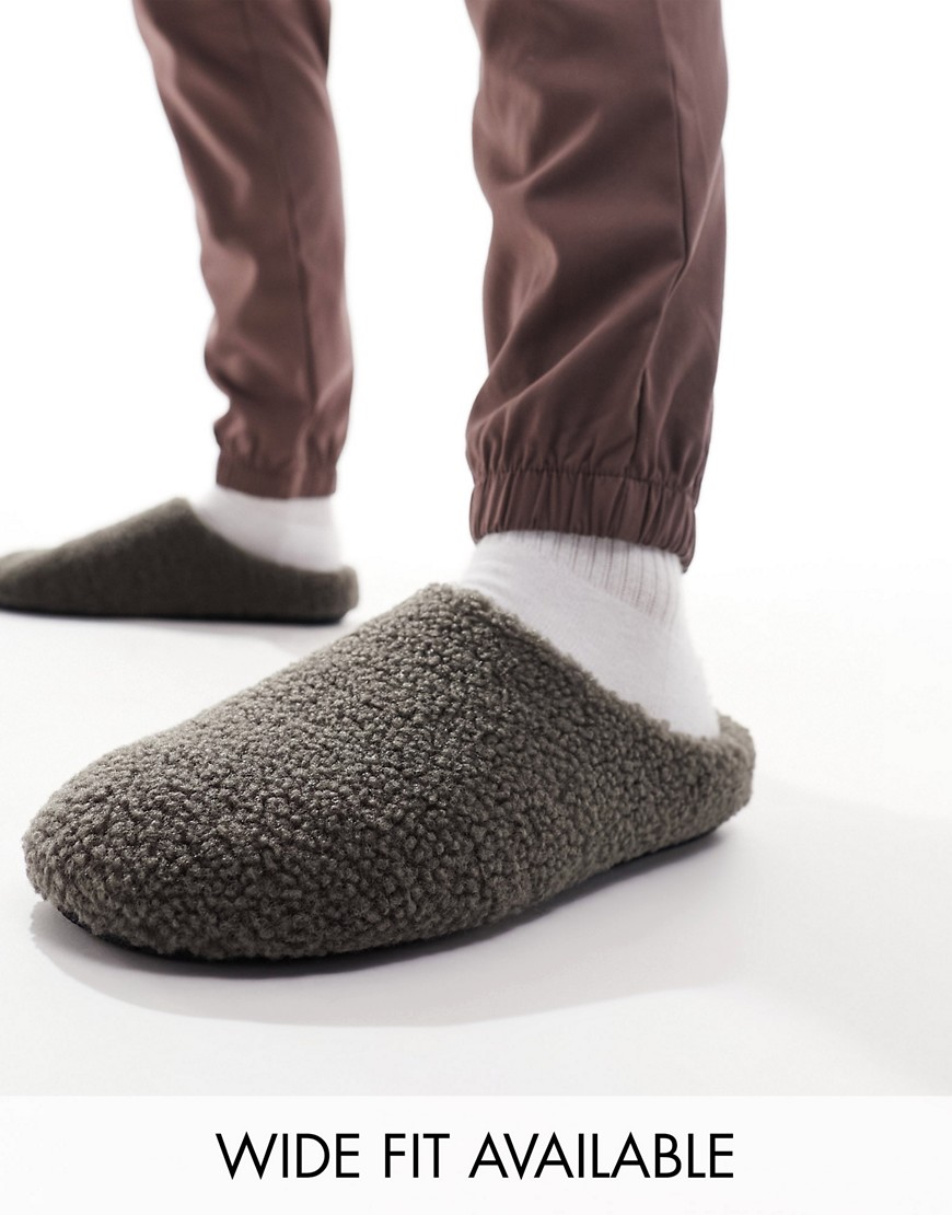 ASOS DESIGN mule slippers in all over brown borg