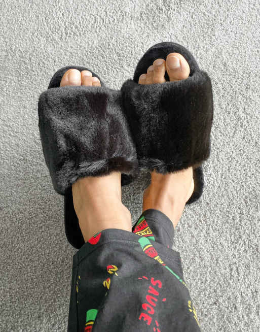 Black fur best sale mule slippers