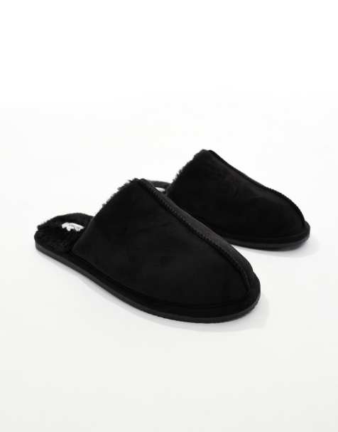 ASOS DESIGN mule slippers in black with faux shearling lining - view 1