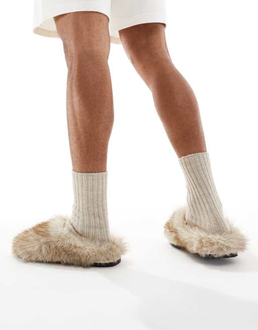 ASOS DESIGN mule slippers in brown faux fur