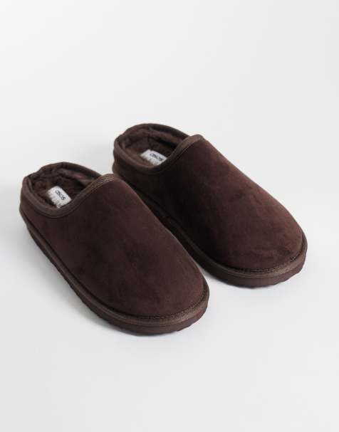 ASOS DESIGN mule slippers in brown microfibre with faux fur lining - view 1