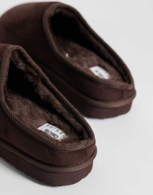 ASOS DESIGN mule slippers in brown microfibre with faux fur lining, 2 of 4