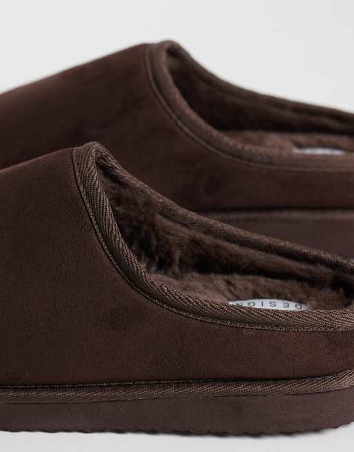 ASOS DESIGN mule slippers in brown microfibre with faux fur lining, 3 of 4
