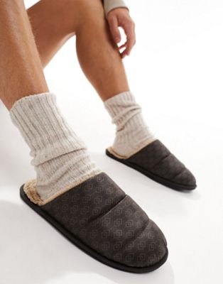 ASOS DESIGN mule slippers in brown with branded monogram  - ASOS Price Checker