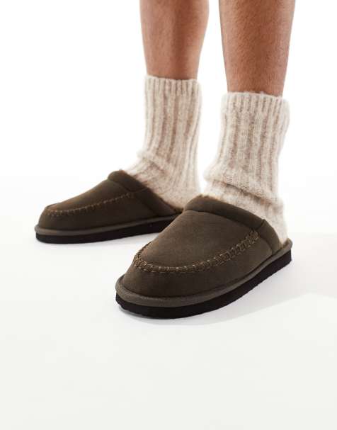ASOS DESIGN mule slippers in brown with fleece lining - view 1