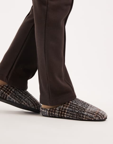 ASOS DESIGN mule slippers in brushed check with fleece lining - view 1