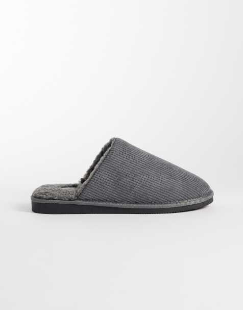 ASOS DESIGN mule slippers in charcoal corduroy with tonal faux shearling lining - view 1