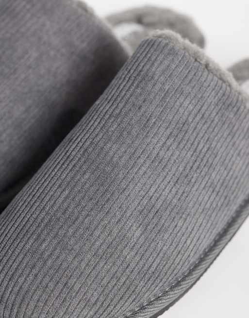ASOS DESIGN mule slippers in charcoal corduroy with tonal faux shearling lining, 3 of 4