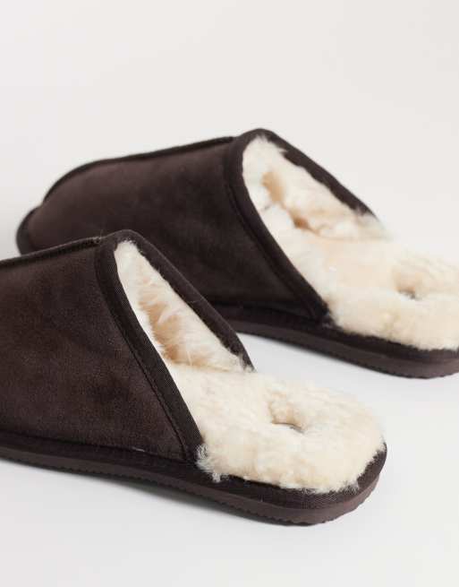 ASOS DESIGN mule slippers in chocolate suede with sheep skin lining, 3 of 4