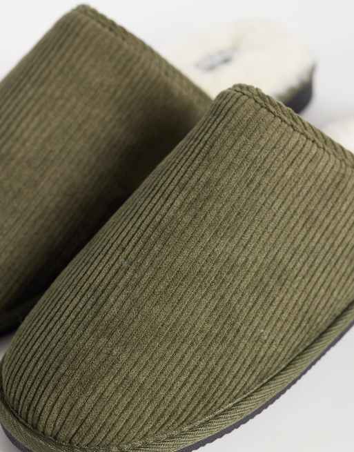 ASOS DESIGN mule slippers in dark olive corduroy with tonal faux shearling lining, 3 of 4
