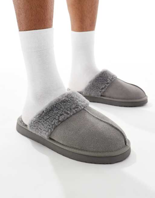 ASOS DESIGN mule slippers in gray suede with faux shearling lining, 2 of 4