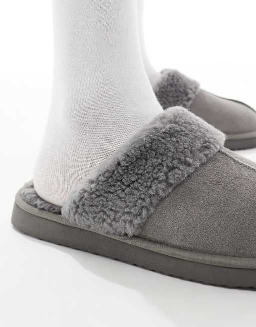 ASOS DESIGN mule slippers in gray suede with faux shearling lining, 3 of 4