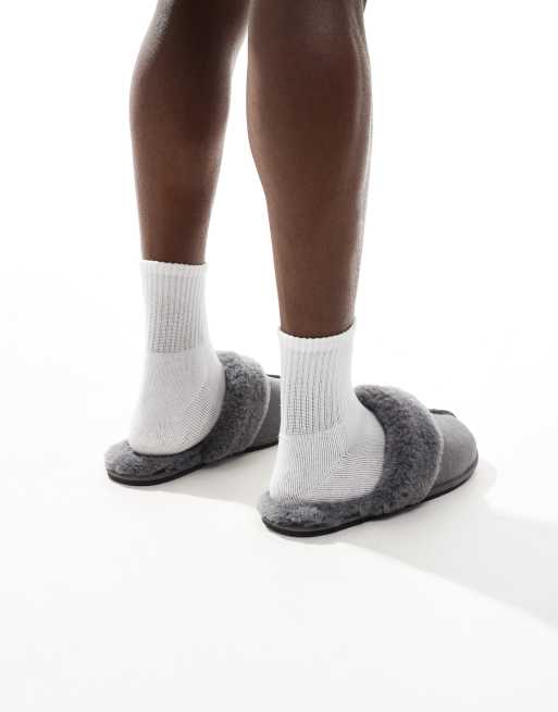 ASOS DESIGN mule slippers in grey suede with faux shearling lining, 3 of 4