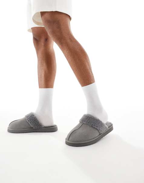 ASOS DESIGN mule slippers in grey suede with faux shearling lining - view 1