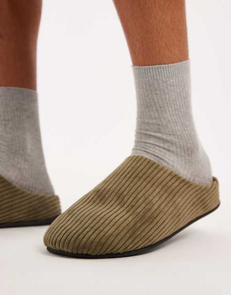 ASOS DESIGN mule slippers in khaki green cord - view 2