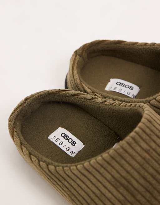 ASOS DESIGN mule slippers in khaki green cord, 3 of 4