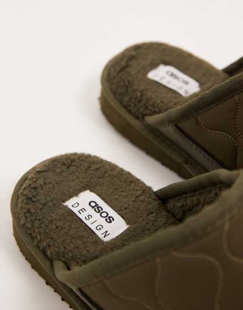 ASOS DESIGN mule slippers in khaki nylon with borg lining - view 2