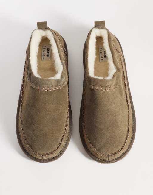 ASOS DESIGN mule slippers in khaki suede with cream lining, 2 of 4