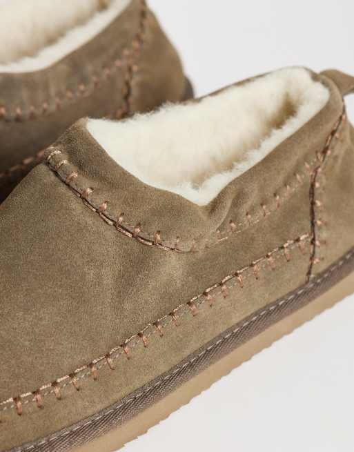 ASOS DESIGN mule slippers in khaki suede with cream lining, 3 of 4