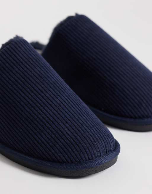 ASOS DESIGN mule slippers in navy corduroy with tonal faux shearling lining, 2 of 4