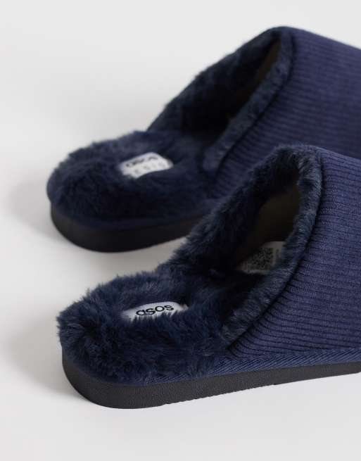 ASOS DESIGN mule slippers in navy corduroy with tonal faux shearling lining, 4 of 4