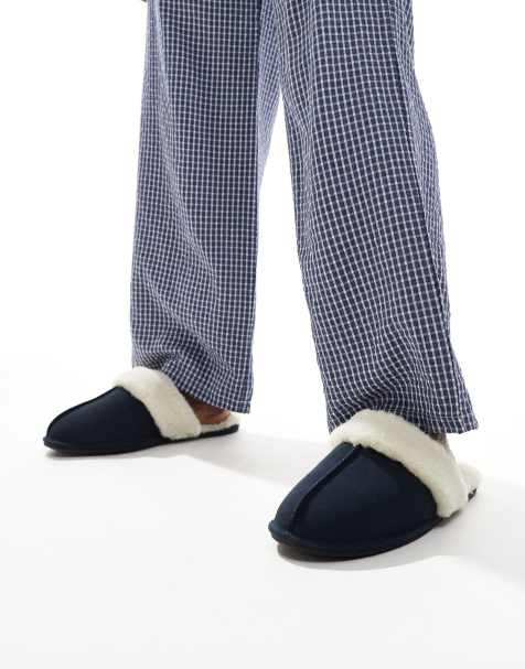 ASOS DESIGN mule slippers in navy suede with faux shearling lining - view 1