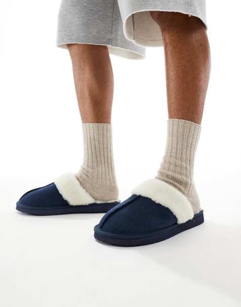 ASOS DESIGN mule slippers in navy suede with faux shearling lining - view 1