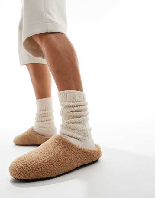ASOS DESIGN mule slippers in tan borg