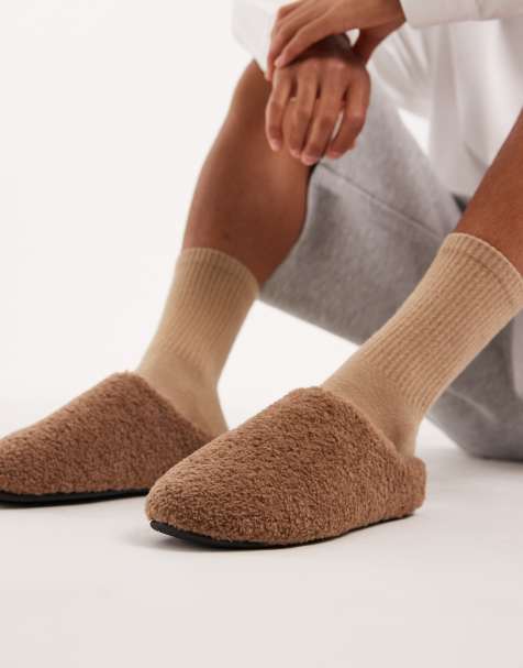 ASOS DESIGN mule slippers in tan borg - view 1