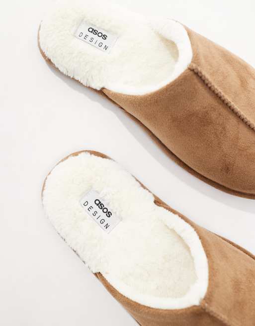 ASOS DESIGN mule slippers in tan faux suede with faux shearling lining