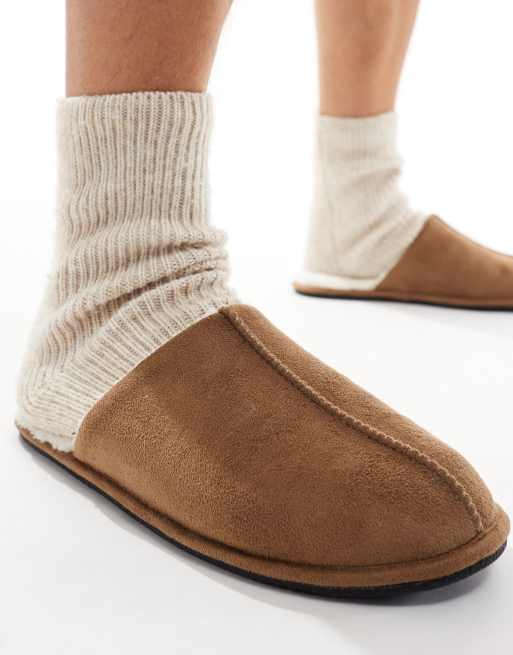 ASOS DESIGN mule slippers in tan faux suede with faux shearling lining, 3 of 4